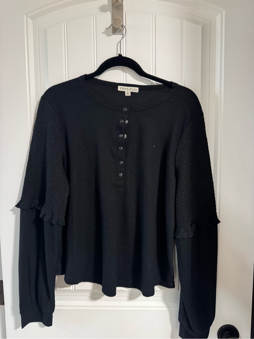 FRYE AND CO. Black Ruffle-Sleeve Henley Knit Top